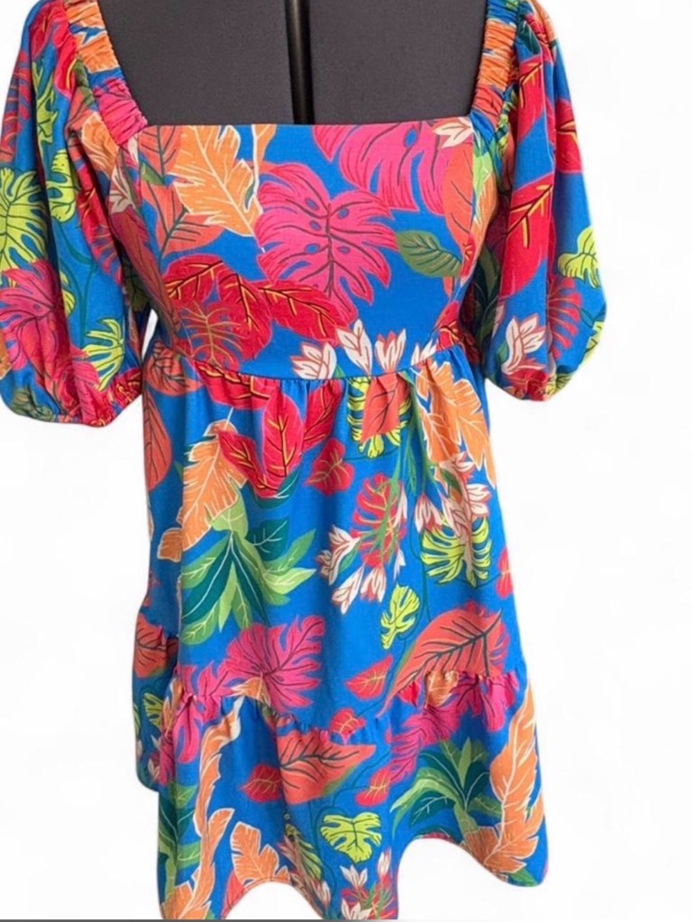 Flying Tomato Blue Tropical Puff-Sleeve Mini Dress